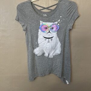 girls justice 14/16 Gray T Shirt Top Kitty With Glasses‎